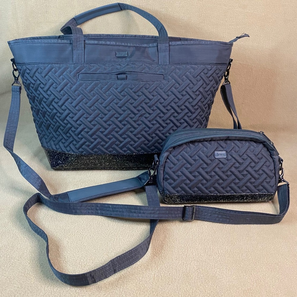 Lug Avion & Punter Quilted Tote Bag Set Sparkle Bottom Gray Travel Weekender EUC